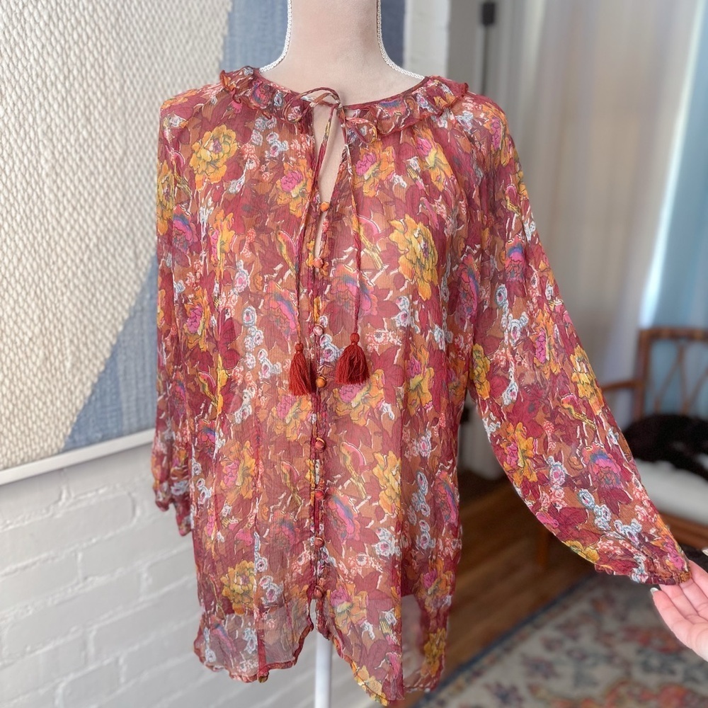 100% Silk Burgundy Yellow and Light Blue Floral Ruffle Collar Boho Blouse